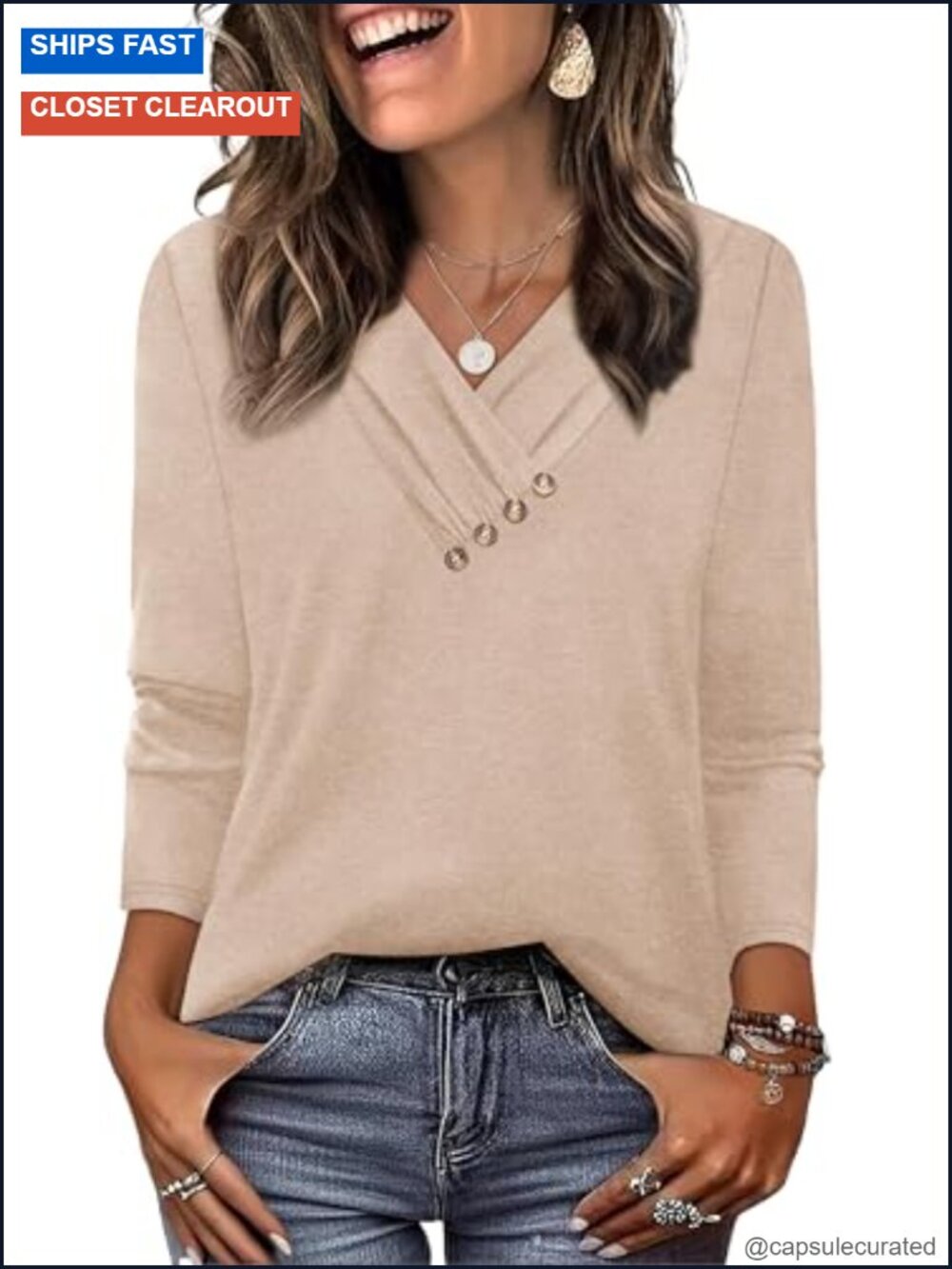 Long Sleeve V Neck Tunic Top with Buttons for Women